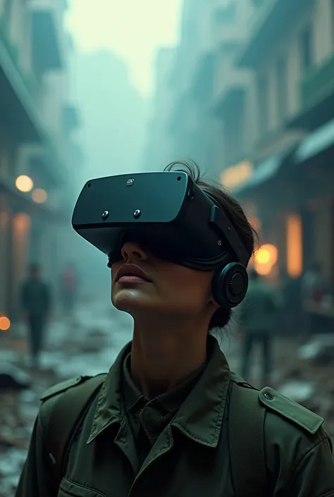 I want a picture of a vr glasses that is thinner than a regular vr glasses. I want the glass to have picture of wars and the background to have pictures of Vietnamese wars.