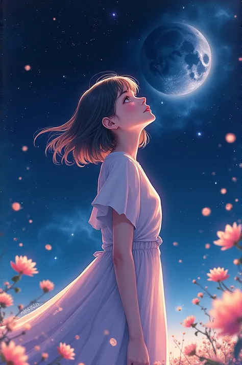 Star, space, shoulder-length, girl, anime, Lots of details, flowers