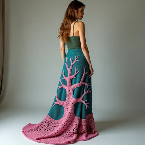 Nice stylish skirts design crochet with wool new design on wool long skirt and separate design teal pink tree color full view pic room view zoom out on lady 