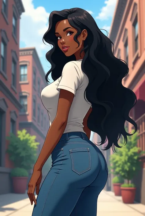 A black woman, she is black skin and she has black hair, she wears a t-shirt and a tight jeans pants, she has big boos and big booty, anime style, realistic wide shot 