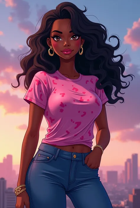 A black woman, she is black skin and she has black hair, she wears a pink designed t-shirt and a tight jeans pants, she has big boos and big booty, anime style, realistic wide shot 