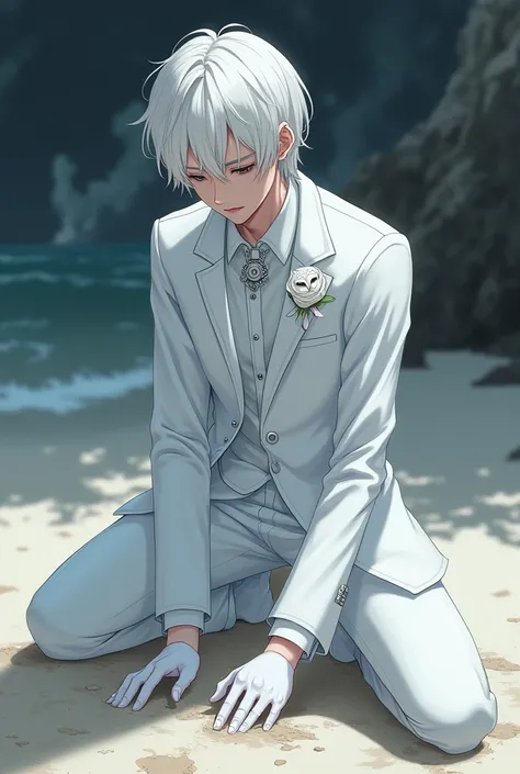 23-year-old boy ,  dressed in an elegant all-white suit,  with white gloves and a white rose brooch ,  wavy white hair , grey eyes,  pink lips and pretty ,  wearing an albino owl necklace .  who is kneeling on a beach ,  with an empty expression on his fac...