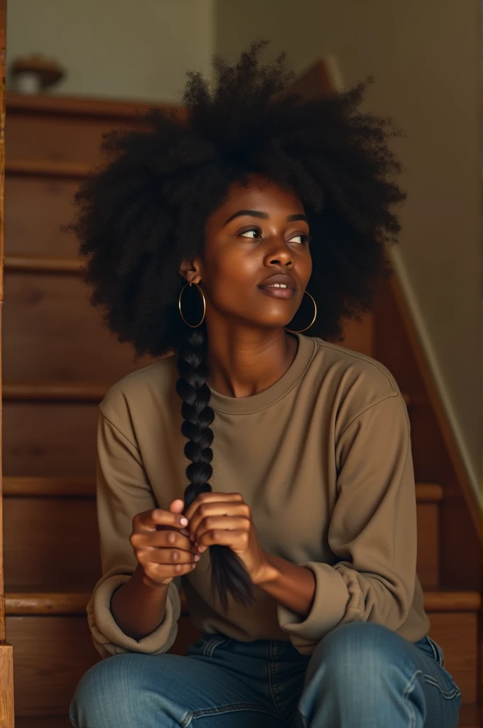 Female braiding afro hair sitting on the stairs at home