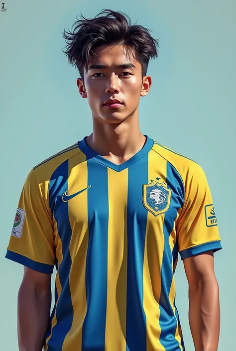 Create an image of the singer Bang Chan wearing a Grêmio team jersey