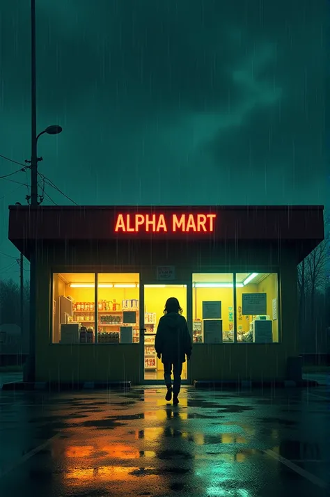 A teenager walks into the alpha mart at night under the rain