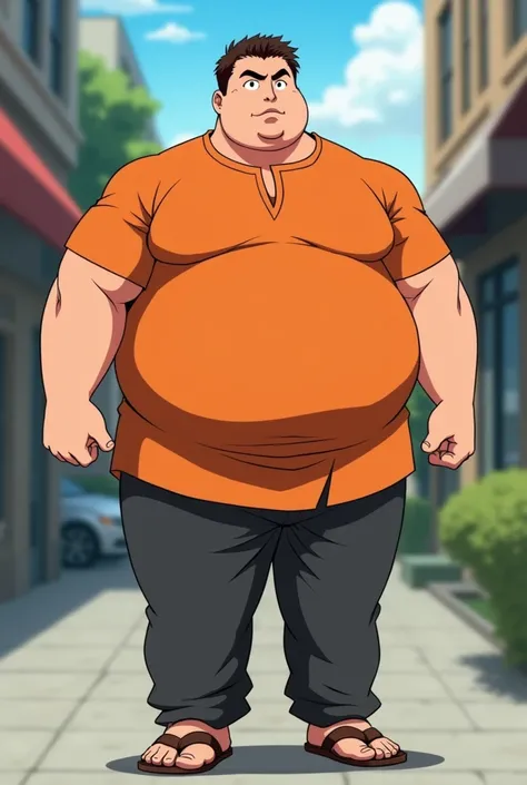 Tall Man, round face, with short thin brown haircut, chubby, muscular, in Anime, wearing his orange short kurta, long dark gray pants, brown sandals, standing at the sidewalk