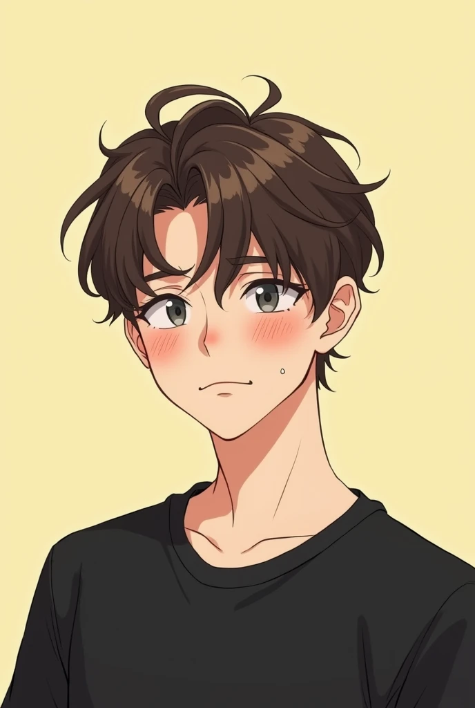 A young man in his early 20s with slightly tousled brown hair and soft grayish eyes, wearing a casual black T-shirt. He has a calm yet slightly nervous expression, with a faint blush on his cheeks and a small sweat drop near his face, giving off a mix of s...