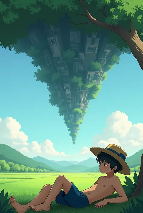 Under a tree next to a rice field, a shirtless boy lies with his knees crossed, his face half covered by a hat. Above the tree, in the sky, is a city upside down.