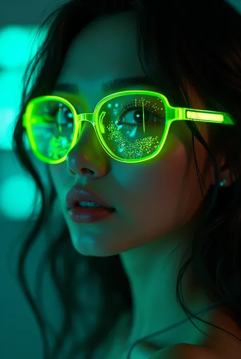 A hyper-realistic digital artwork of a young American beautiful (sexy) woman with glowing neon green glasses. The glasses should reflect futuristic details and cast a soft green glow on her face. The womans skin appears smooth with intricate reflections of...