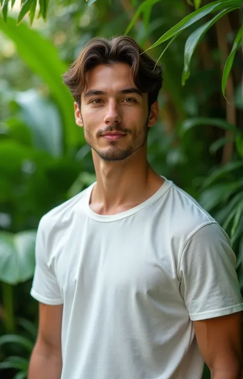 A handsome model wearing T shirt with a friendly demeanor posing against a natural greenery background