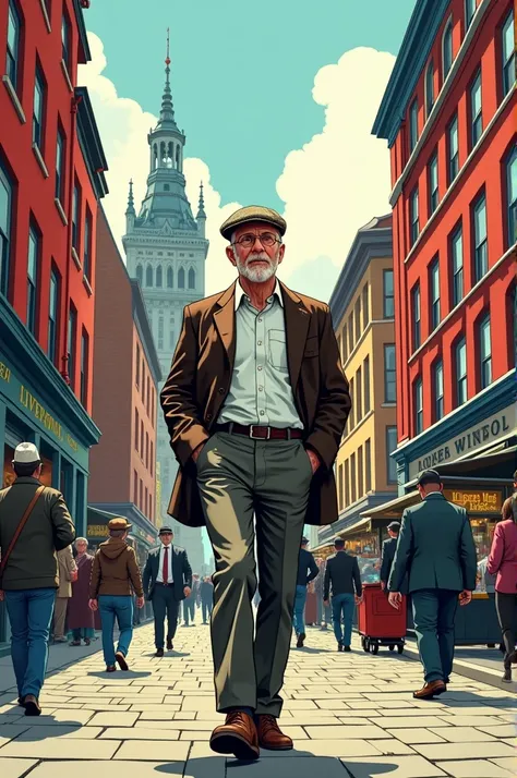 Create an amazing illustration like comic book about a typical English guy walking in Liverpool 