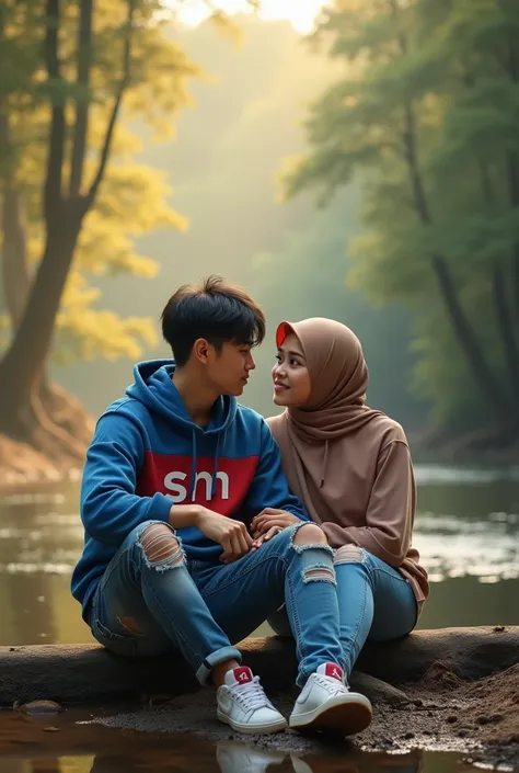 (photorealism:1.2),Indonesian male and female couple aged 25 years,Korean hairstyle men , ripped jeans, nike jordan shoes, wearing a blue hoodie with red gradient, inscribed "SM",Indonesian Latin text, clear. Chubby woman wearing hijab slightly fat 60kg. s...