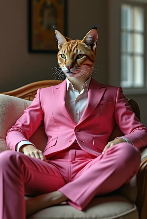  Big Cat Man , Cats head, High, thin body, cool muscles ,  in a pink suit ,  sits on the couch at home, 3D photo