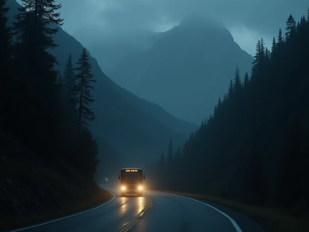 A dark, ominous night with a bus navigating through winding mountain roads. The bus headlights pierce through the foggy, shadowy atmosphere. The surrounding mountains loom large, with tall trees swaying slightly in the wind. The scene feels eerie yet drama...