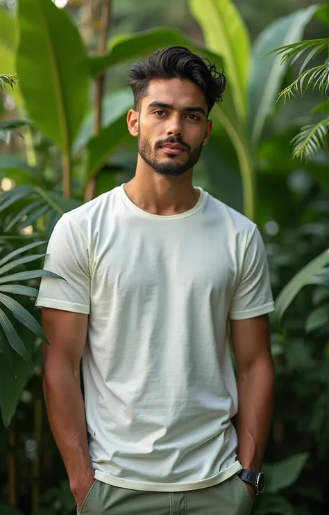 A handsome model wearing T shirt with a friendly demeanor posing against a natural greenery background. Using the t shirt which i attached