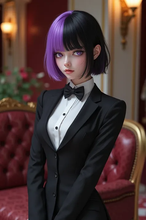 femboy boy, of feminine features, two-tone hair, purple left side, black right side, pose with hotel suit 