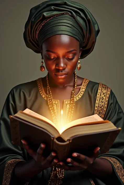 A Nigerian woman holding a holy bible and light is coming from the bible 