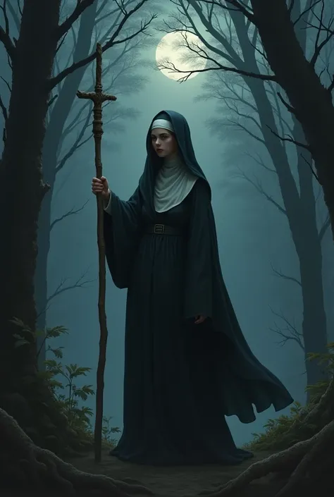 Teenage nun with a staff in her hand in a dark forest at night.