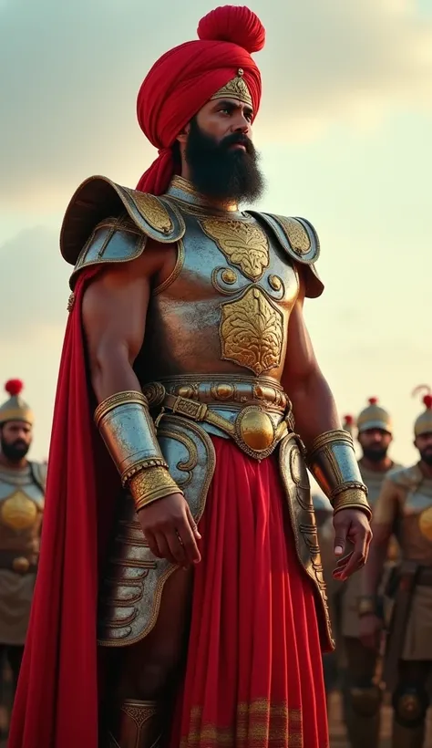 A Very Clear 4K Ultra HD Dynamic Image Of "Gogaji Maharaj, a tall and imposing figure, wearing a red turban and gleaming armor, addresses his soldiers. His face is stern and focused, and he stands with one hand on his hip and the other pointing towards the...