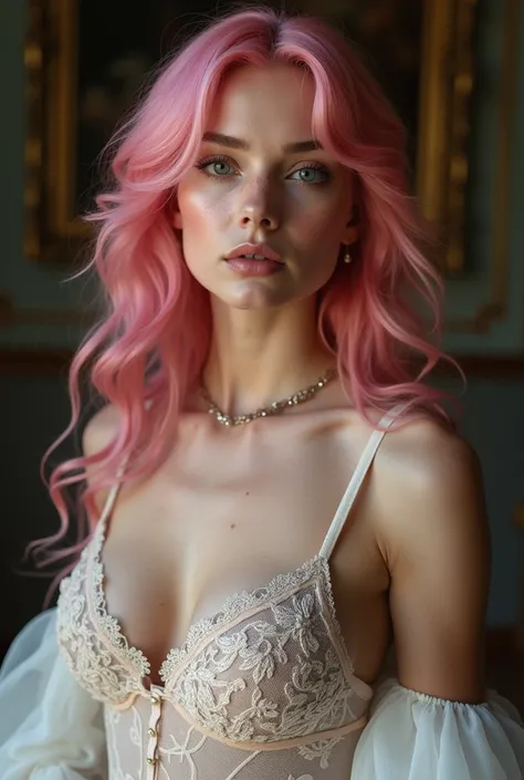 Take the woman from the attached image, Dye her hair pink and dress her in lace and mesh underwear, sensual… , His royal face and pale skin, freckles at face, boobs zise 38 F; Royal beauty; high quality image; beauty sensual