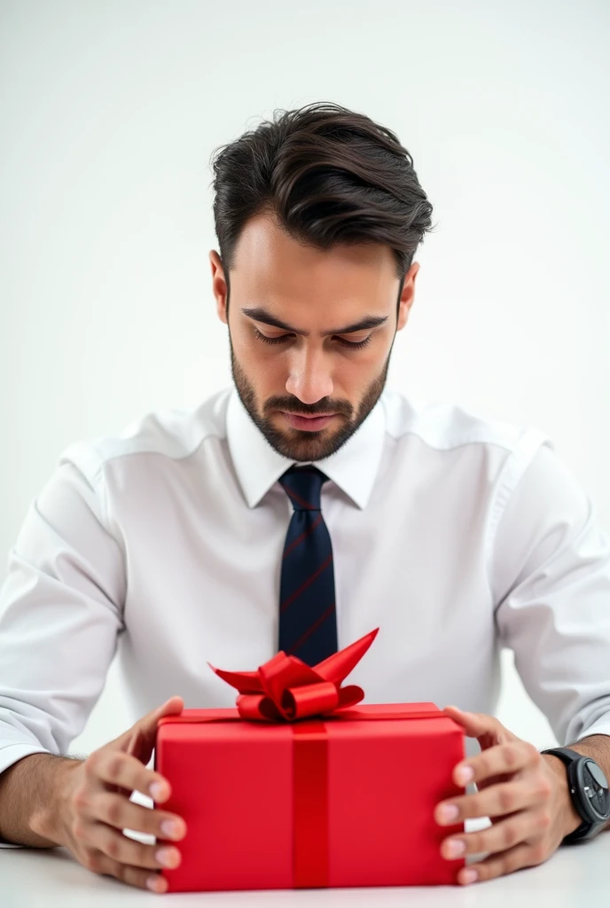  White background image , In the lower part of the image is a young man without a beard wearing a white shirt and tie, wrapping a Christmas present with red paper,  a label at the top of the image that says  "LAST DAY "