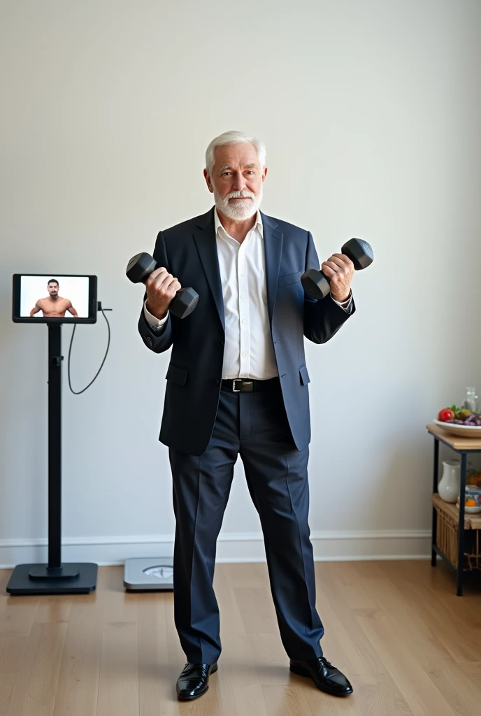 A man in office costume with little white beard standing and doing biceps curls at home using dumbbells . Some fitness equipment in the background and a weight scale and some healthy meals . If front of him a mobile with tripod showing a personal trainer w...