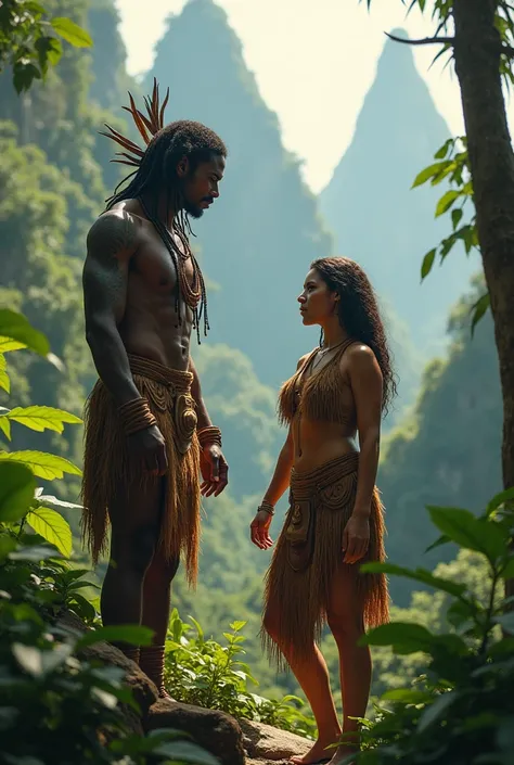  Mythological beings of the Yekuana culture  , man and woman of the jungle  ,  beings of indigenous nature in the middle of the jungle with tepuyes in the background 