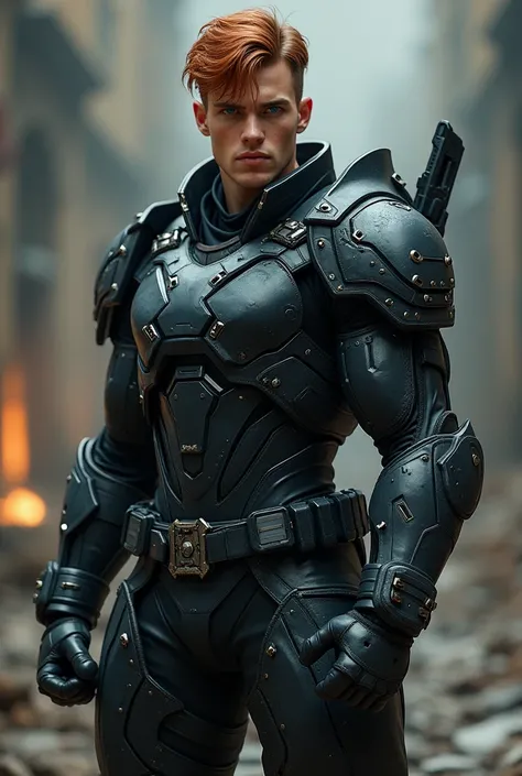 A 20 year old male with auburn hair, blue eyes, and beige skin. And a black leather battle suit.