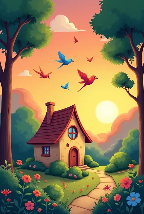 Sunset birds view background house garden trees cartoon