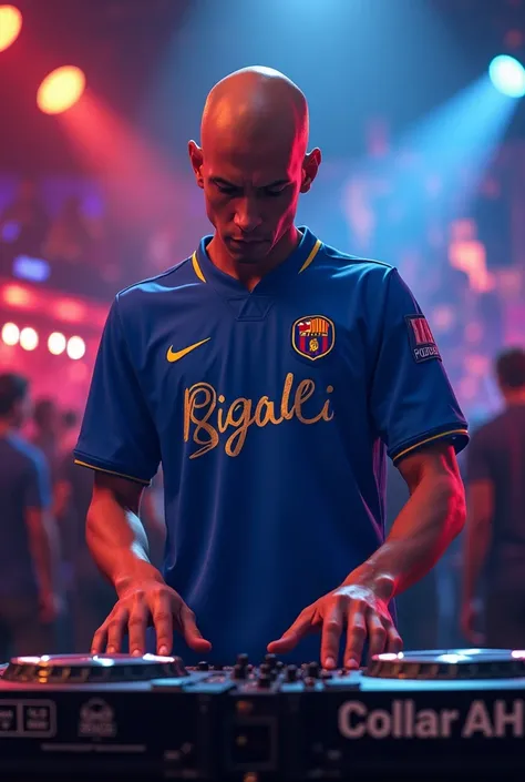 DJ with a gold cord written by BigAl playing music .Bald guy with the blue soccer team shirt.