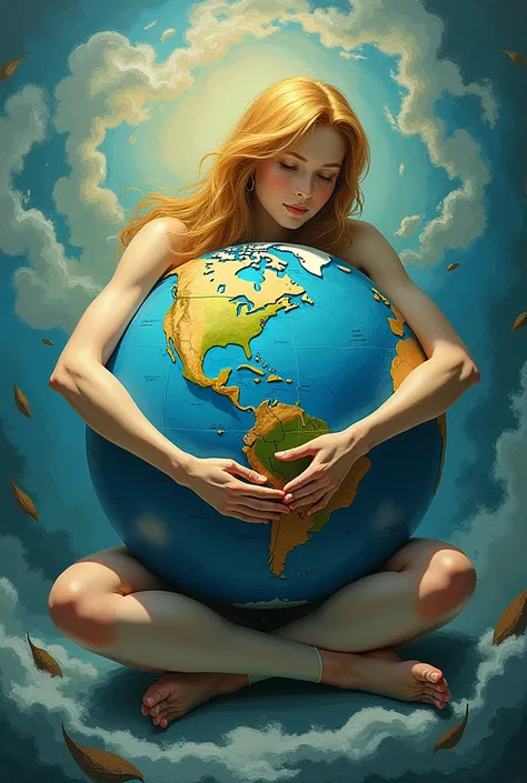 A  hugs the earth, holding a pen with a leaf-shaped tip and painting on the earth.