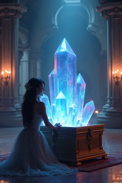 	Inside the chest, a delicate glowing crystal rests. The crystal radiates an ethereal light, casting vibrant colors across the room. Aurelia kneels beside the chest, mesmerized by its beauty.