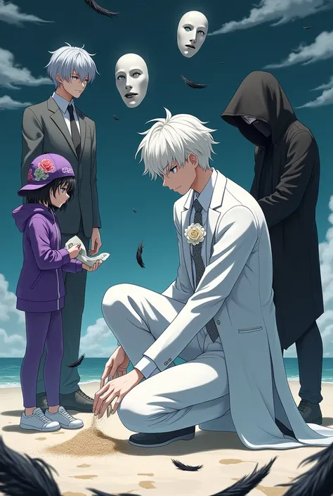 23-year-old boy ,  dressed in an elegant all-white suit,  with white gloves and a white rose brooch ,  wavy white hair , grey eyes,  pink lips and pretty ,  wearing an albino owl necklace .  who is kneeling on a beach ,  with an empty expression on his fac...