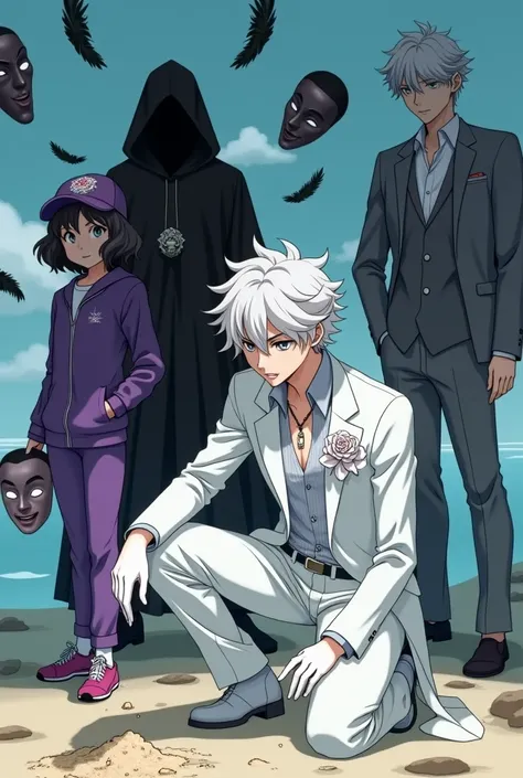 23-year-old boy ,  dressed in an elegant all-white suit,  with white gloves and a white rose brooch ,  wavy white hair , grey eyes,  pink lips and pretty ,  wearing an albino owl necklace .  who is kneeling on a beach ,  with an empty expression on his fac...