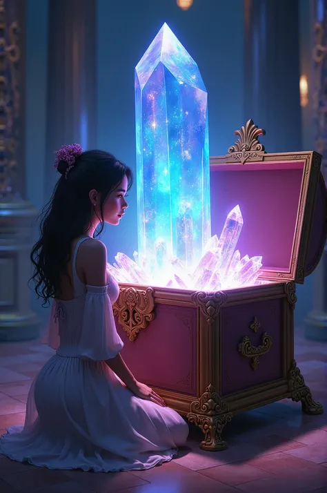 	Inside the chest, a delicate glowing crystal rests. The crystal radiates an ethereal light, casting vibrant colors across the room. Aurelia kneels beside the chest, mesmerized by its beauty.