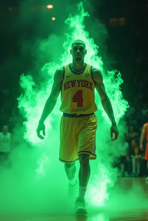 A player wearing the number 4 jersey of the Knicks sets fire closer with white skin and green fire closer