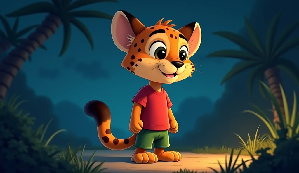 Species:Anthropomorphic cheetah cub (cartoon-style).
Appearance: large expressive eyes, 
Expression:Normal
Clothing:  Red t-shirt and green shorts
Pose/Action:Rahul, Sameer, and Pinky were best friends known for their adventurous spirit. One eerie evening,...