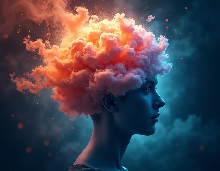 Create a visually striking and engaging cover for a book on ADHD. The cover should feature a brain made of swirling, colorful clouds, symbolizing the complexity and fluidity of thoughts and ideas. The brain should be set against a vibrant, energetic backgr...