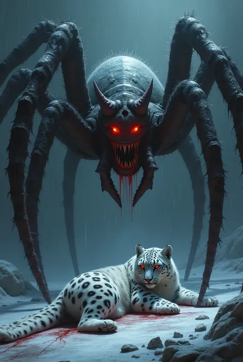 A powerful monster spider with glowing red eyes kill the bloodeid lifeless body of a snow leopard in a deep background.