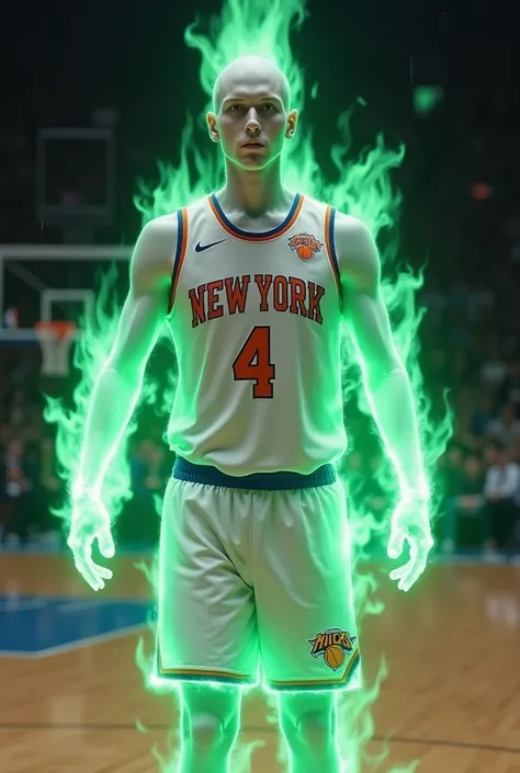 A player wearing the number 4 jersey of the Knicks team sets fire closer with white skin and green fire closer