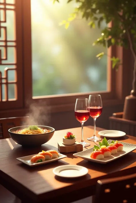  Create an image of a wooden table inside a luxurious Chinese restaurant with a plate of sushi and ramen,  with two wine glasses , The atmosphere of the restaurant is sunny Chinese day  