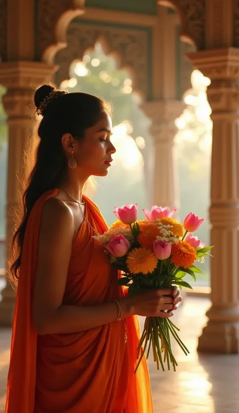 "A serene and graceful scene where a devotee, dressed in traditional attire, holds a bouquet of fresh, vibrant flowers in their hands with utmost devotion. The flowers—lotus, marigold, and jasmine—are held gently, their colors vivid and pure, symbolizing p...