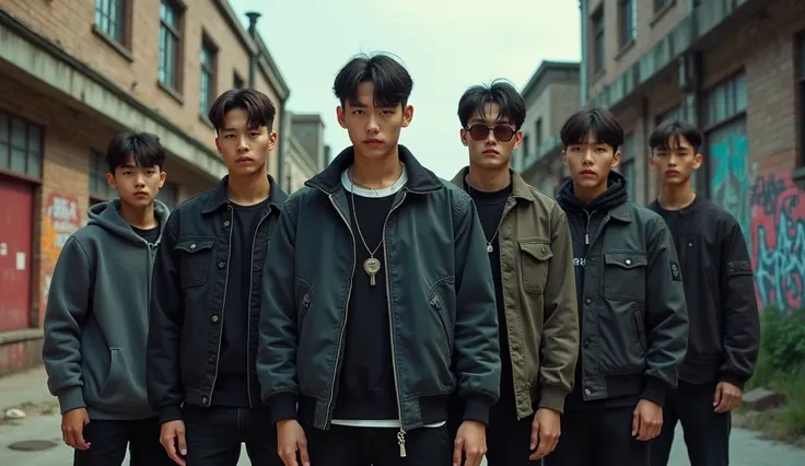 Create a scene in a tough urban environment, featuring a group of young Korean gangsters. Muscular, dressed in stylish, bold clothing, they exude confidence and loyalty, standing together against a backdrop of graffiti-covered walls and abandoned buildings...