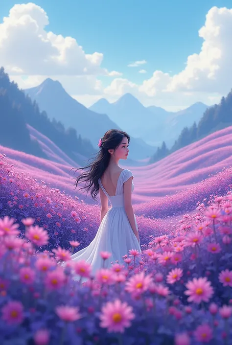 Beautiful woman background as mountains and fields of purple pink cartoon flowers far away
