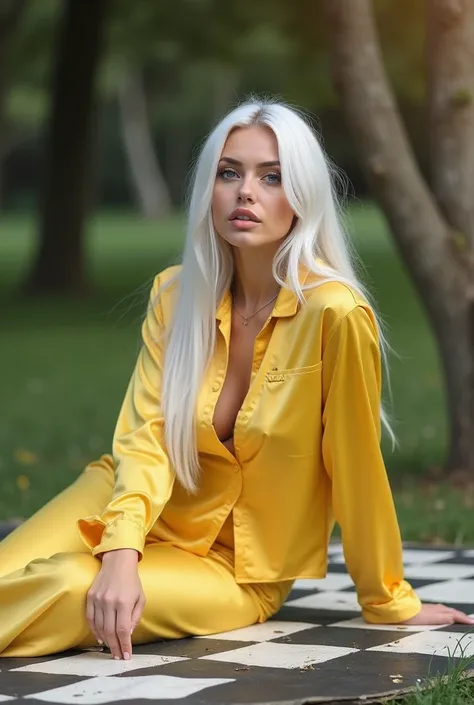 A beautiful sexy women with pure toxic with gold on , white hair,in yellow party top shirt,model pose, Blue eyes ,  biggest boobs,on big chess board, morning ,realistic photo, showing her boobs , sixyhot figure,full cover, white pajamas, outside, standing ...