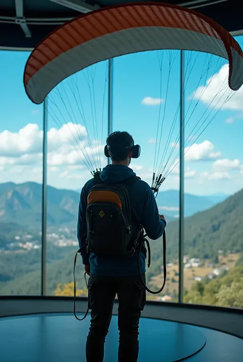  An experienced person who experiences a 4D paragliding simulator in an indoor space
The experiencer wears a harness for one person and is connected to a canopy-shaped machine attached to the ceiling by a line.
The experiencer wears VR goggles and a helmet...