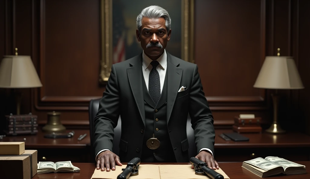 a black man, very elegant, With slightly gray hair, standing behind your desk, looking seriously ahead.  Firearms and money on the table . (best quality, 8k, high resolution, masterpiece: 1.2), ultra-detailed, (realistic, photorealistic, photorealistic: 1....