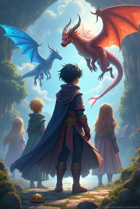 I want to see an image with a boy in the front with black hair a magic outfit another boy on the left with blond hair one on the right with long brown hair a dragon in the background a watch in front of the black-haired boy magic watch two princesses of th...