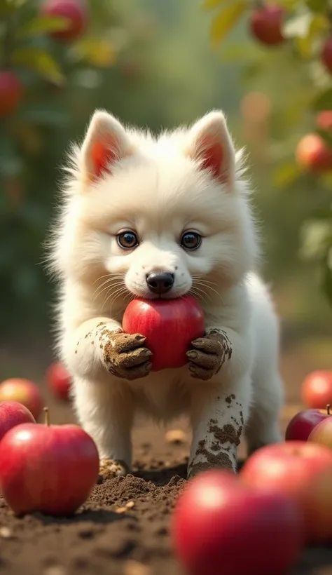 A German Spitz puppy all dirty with mud, holding an apple in his mouth, against the backdrop of a garden full of apples on the ground.