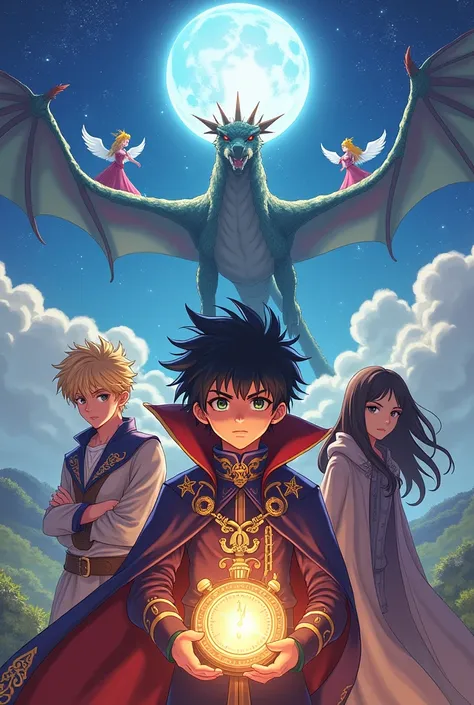 I want to see an image with a boy in the front with black hair a magic outfit another boy on the left with blond hair one on the right with long brown hair a dragon in the background a watch in front of the black-haired boy magic watch two princesses in th...